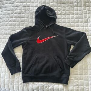 Vintage Y2K NIKE Adult Hoodie Black Big Red Center Swoosh Kangaroo Pocket SMALL